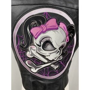 Women's Genuine Leather Black Biker Vest Skull Crossbones Patch Pink Bow Pigtail